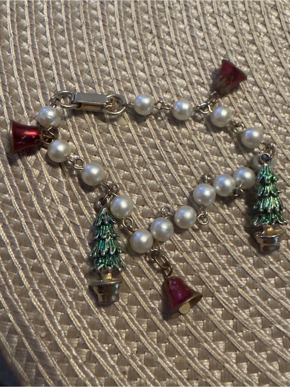 Holiday Pearl Charm Bracelet with Green Tree & Red Bell Charms